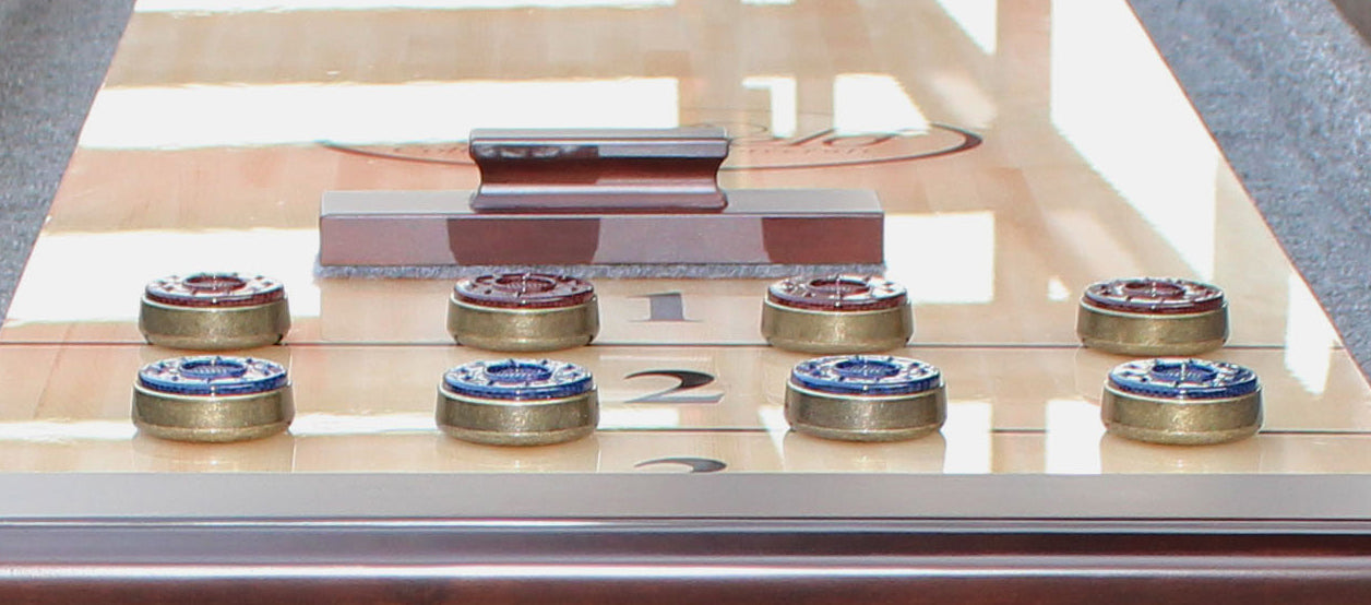 Furniture Style Playcraft Charles River 12' Pro-Style Shuffleboard Table with Pucks On a Playfield