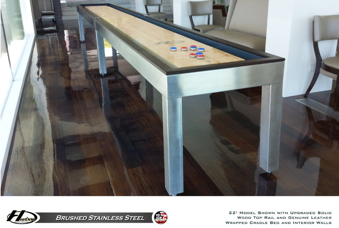 Modern Hudson Brushed Stainless Steel Shuffleboard Table 9'-22' w/Custom Finish Options
