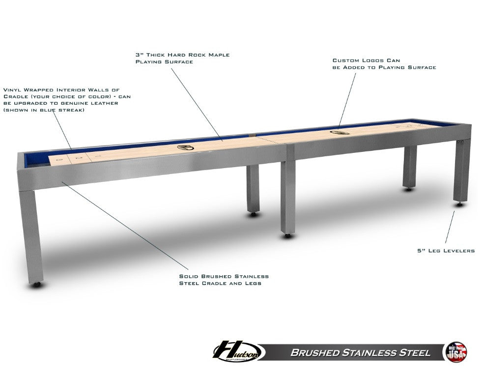 Modern Hudson Brushed Stainless Steel Shuffleboard Table 9'-22' w/Custom Finish Options