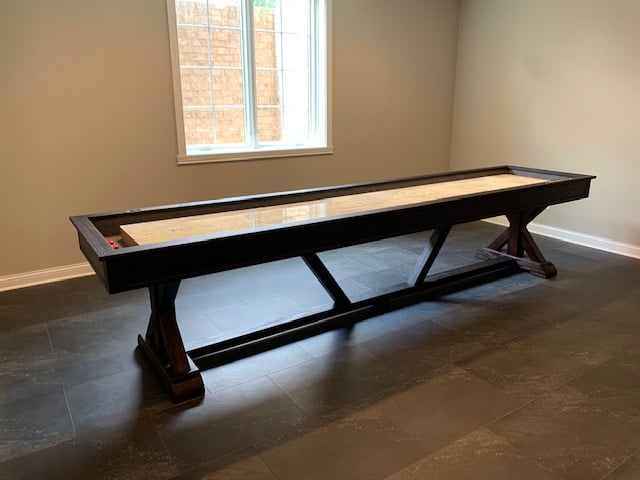 Playcraft Brazos River 16' Pro-Style Shuffleboard Table in Weathered Black Installation with White Glove Delivery and Assembly Manual