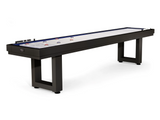 American Heritage Lanai 9' Outdoor Shuffleboard Table in Obsidian Black with scoring markers.