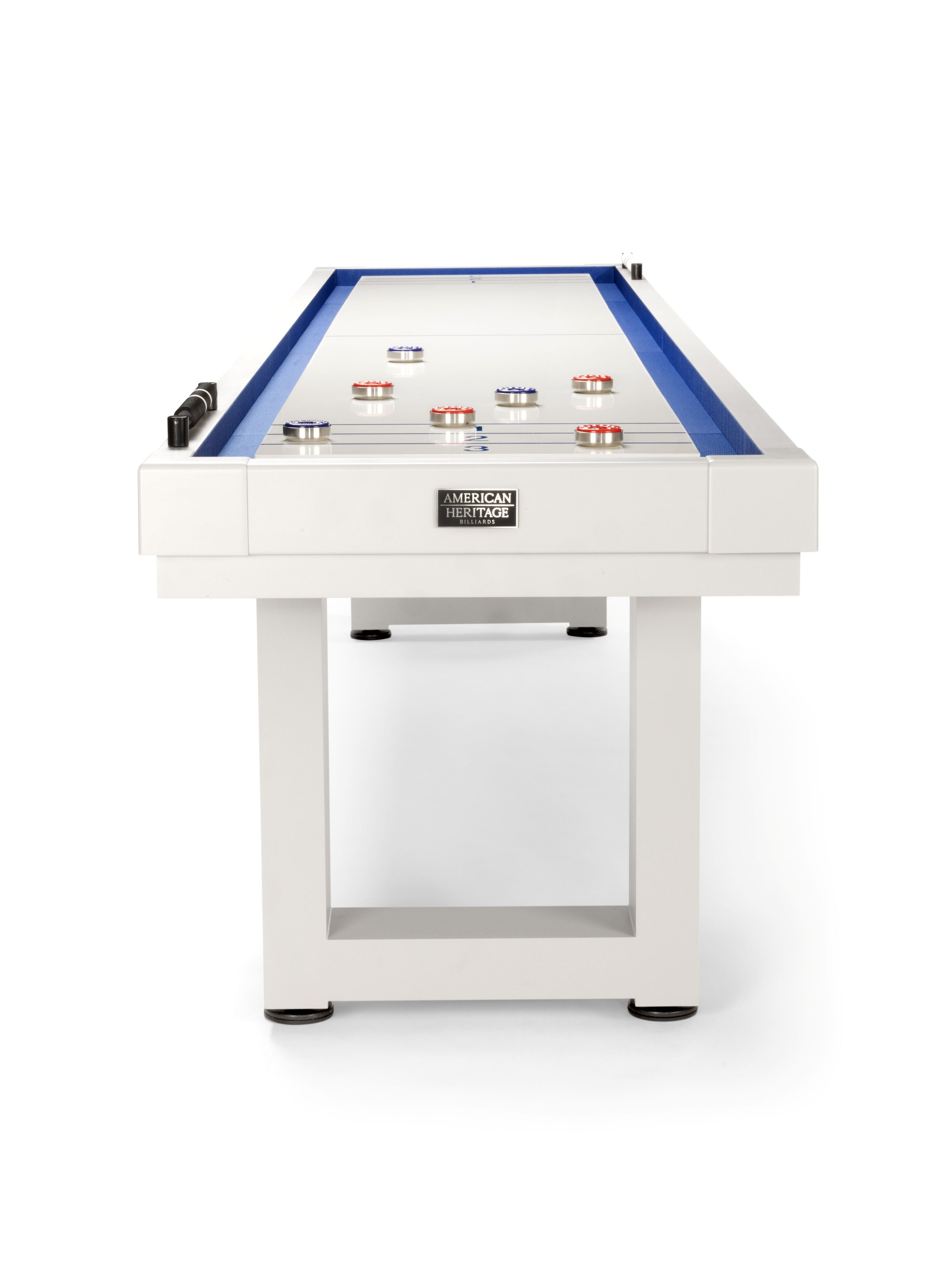 American Heritage Lanai 9' Pearl White Outdoor Shuffleboard Table with pucks and abacus scorers.