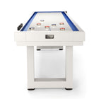 American Heritage Lanai 9' Pearl White Outdoor Shuffleboard Table with pucks and abacus scorers.