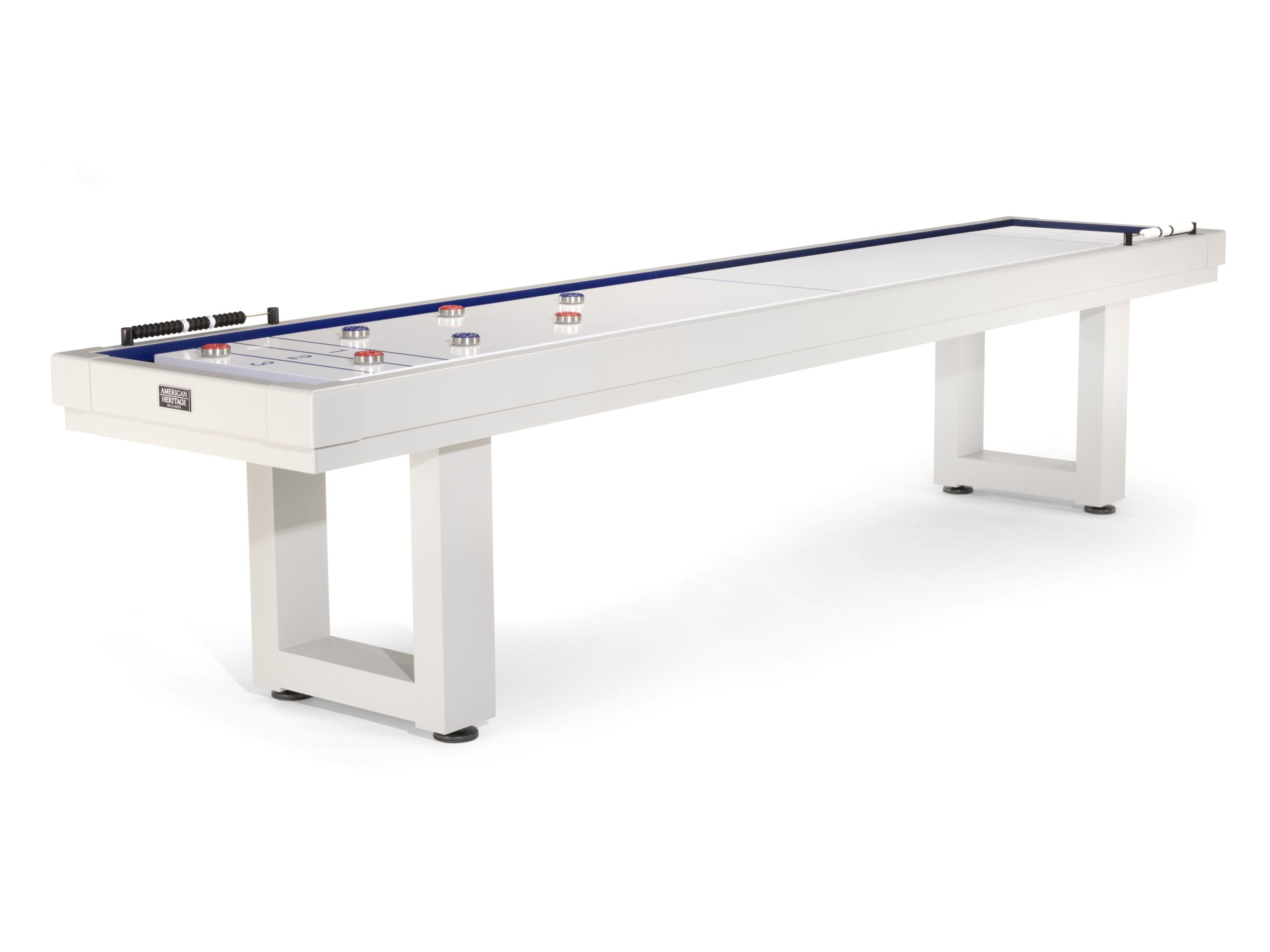 American Heritage Lanai 9' Outdoor Shuffleboard Table in Pearl White, with pucks and scoring markers.