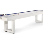 American Heritage Lanai 9' Outdoor Shuffleboard Table in Pearl White, with pucks and scoring markers.