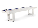 American Heritage Lanai 9' Outdoor Shuffleboard Table in Pearl White, with pucks and scoring markers.