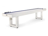 American Heritage Lanai 9' Pearl White outdoor shuffleboard table with abacus and sturdy legs.