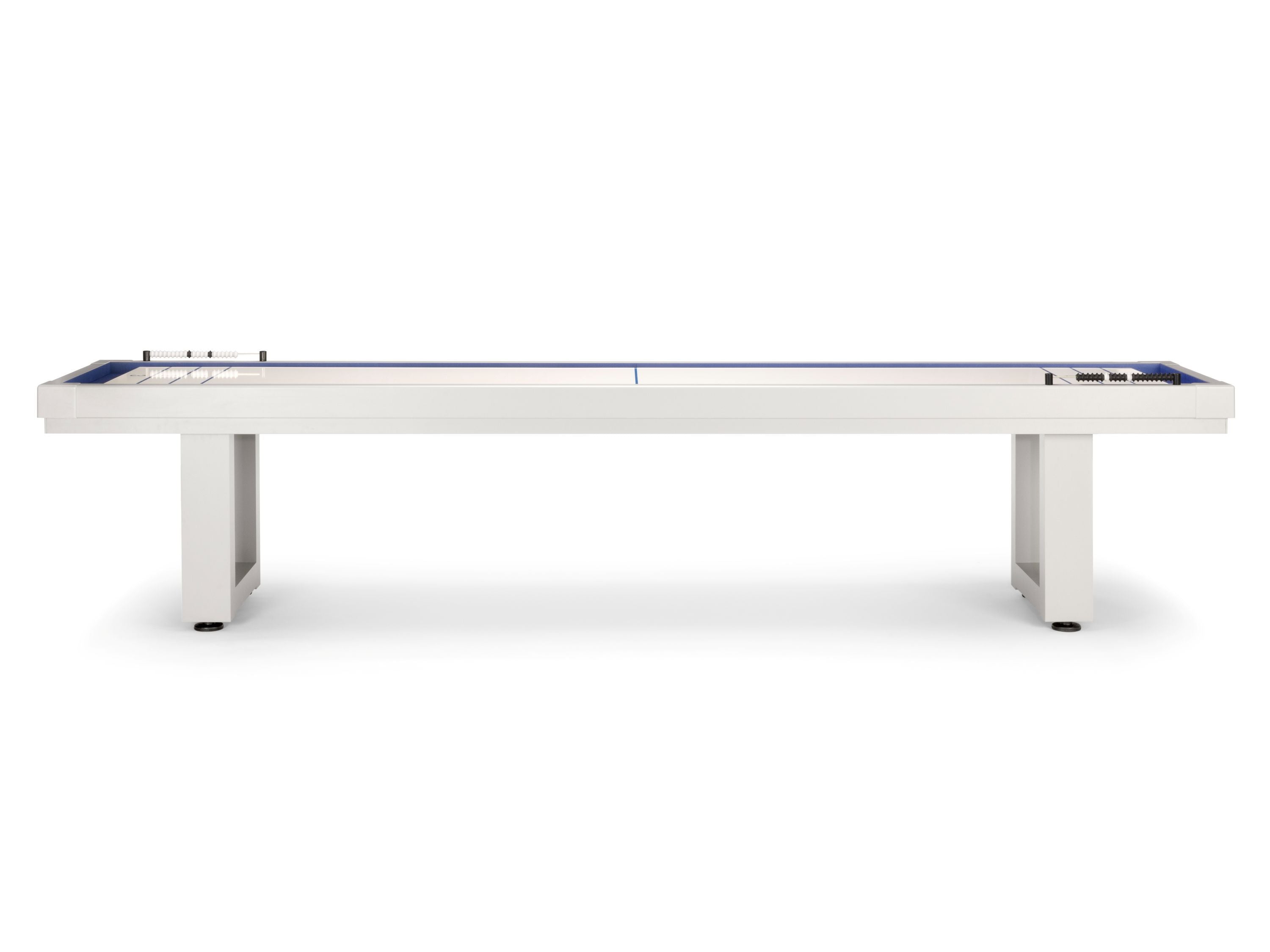 American Heritage Lanai 9' Pearl White Shuffleboard Table with blue surface, front view.