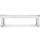 American Heritage Lanai 9' Pearl White Shuffleboard Table with blue surface, front view.