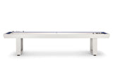 American Heritage Lanai 9' Pearl White Shuffleboard Table with blue surface, front view.