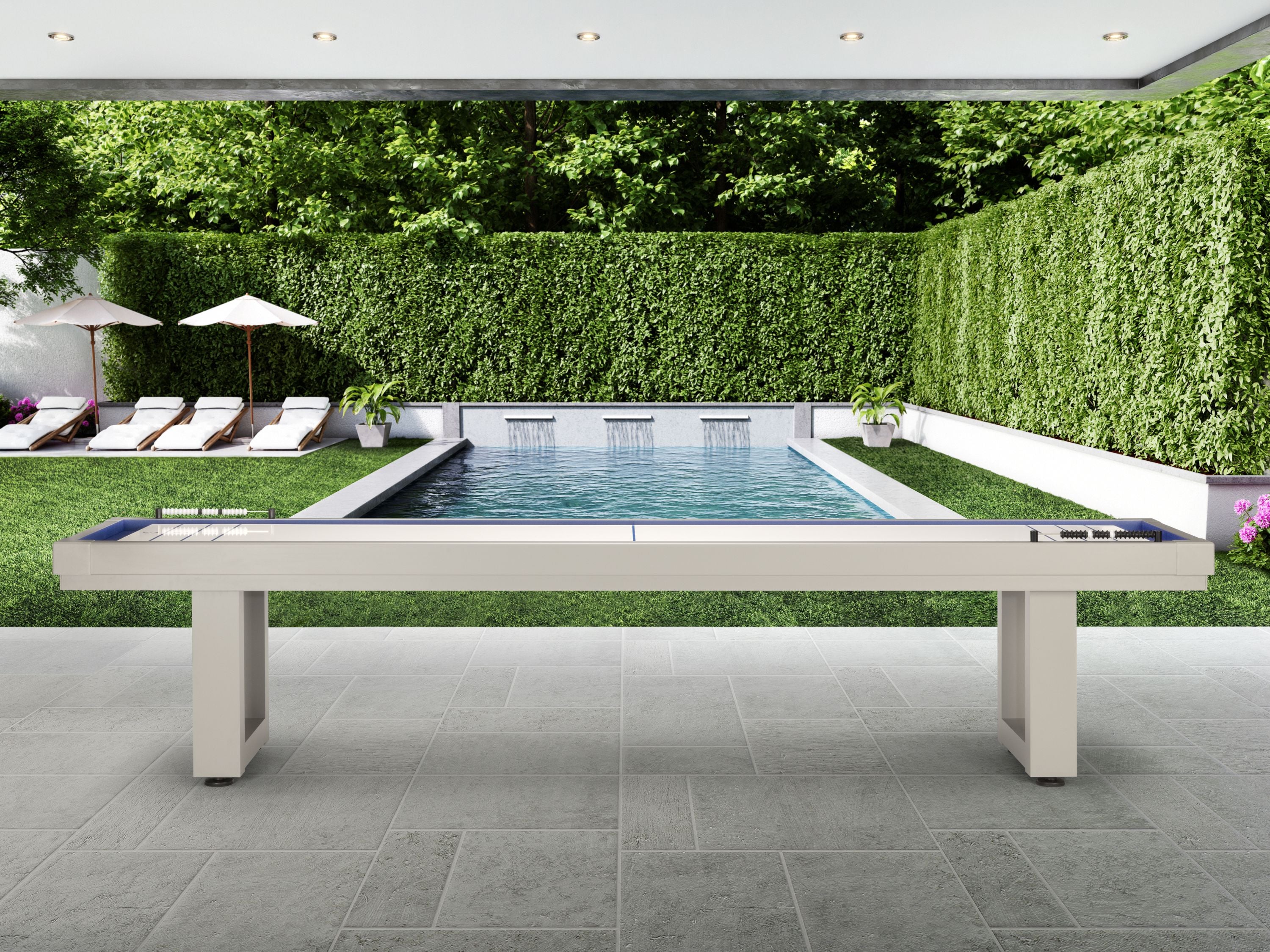 American Heritage Lanai 9' Outdoor Shuffleboard Table in Oyster Grey, by American Heritage Billiards.
