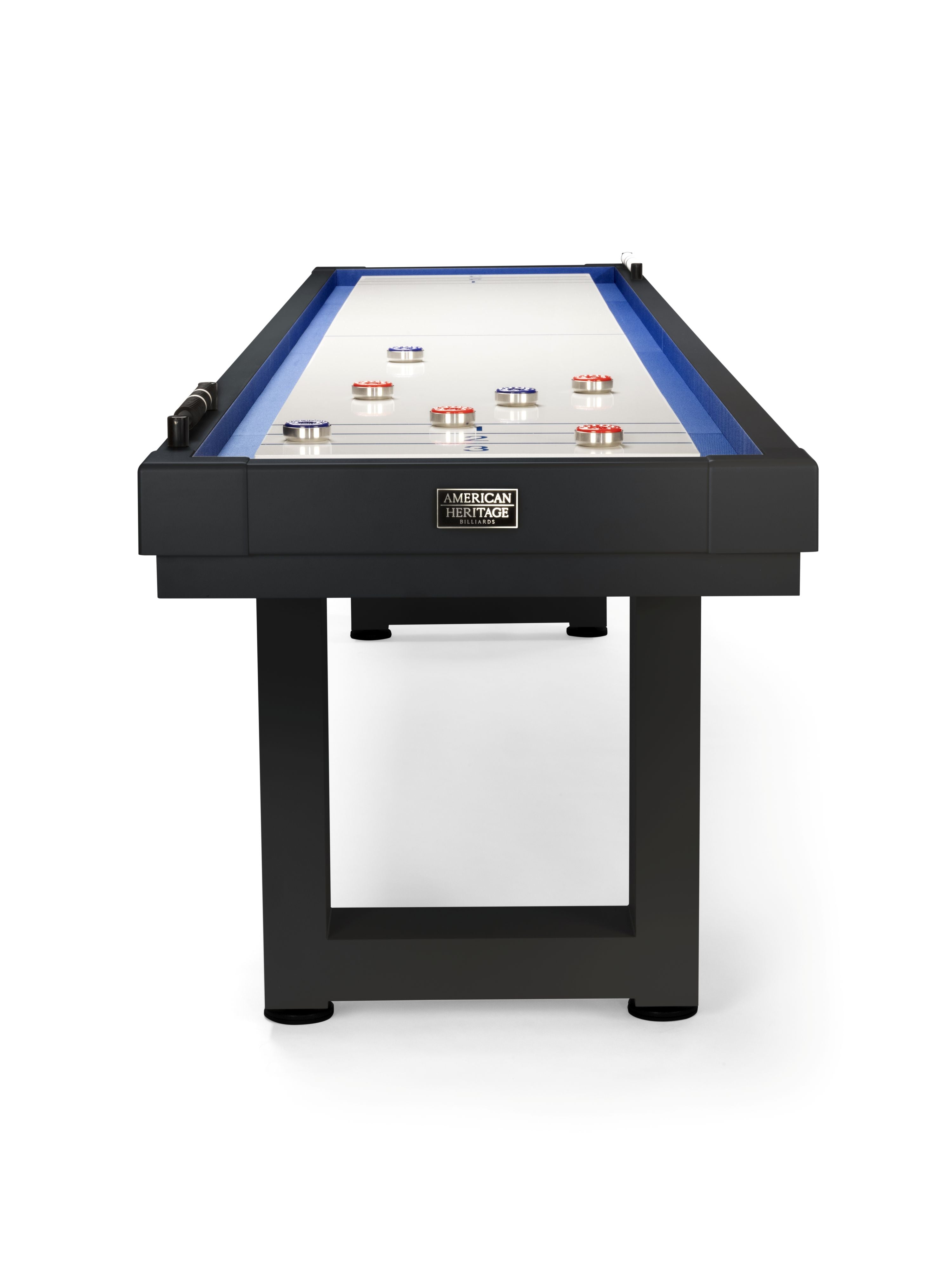 The American Heritage Lanai 9' Outdoor Shuffleboard Table in Obsidian Black with pucks on top.