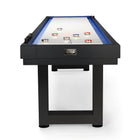 The American Heritage Lanai 9' Outdoor Shuffleboard Table in Obsidian Black with pucks on top.