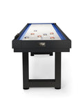 The American Heritage Lanai 9' Outdoor Shuffleboard Table in Obsidian Black with pucks on top.