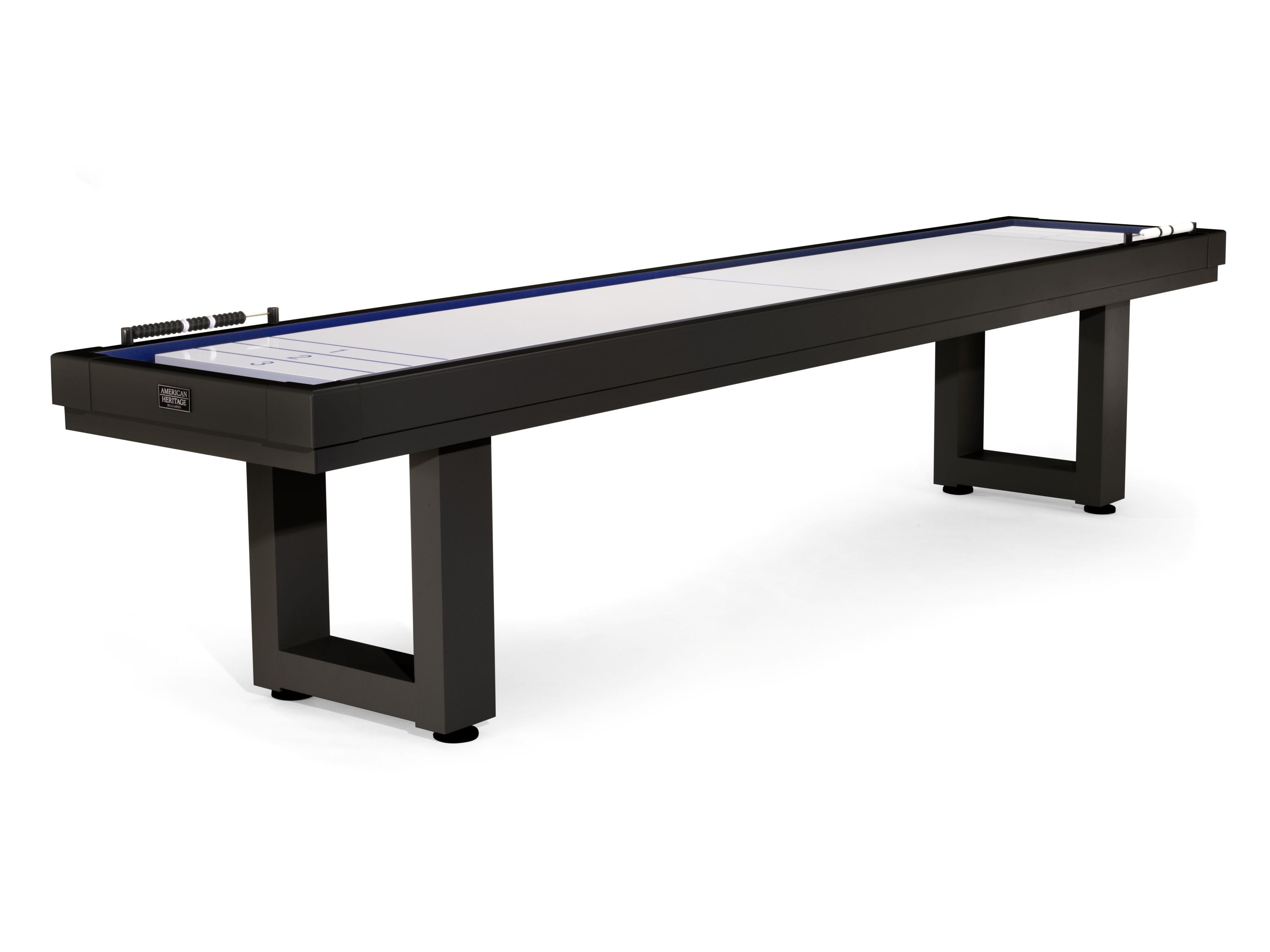 The American Heritage Lanai 12' Outdoor Shuffleboard Table has a seamless playfield and black frame.