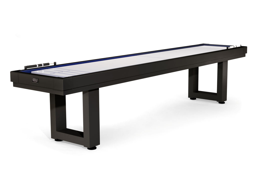 The American Heritage Lanai 12' Outdoor Shuffleboard Table has a seamless playfield and black frame.