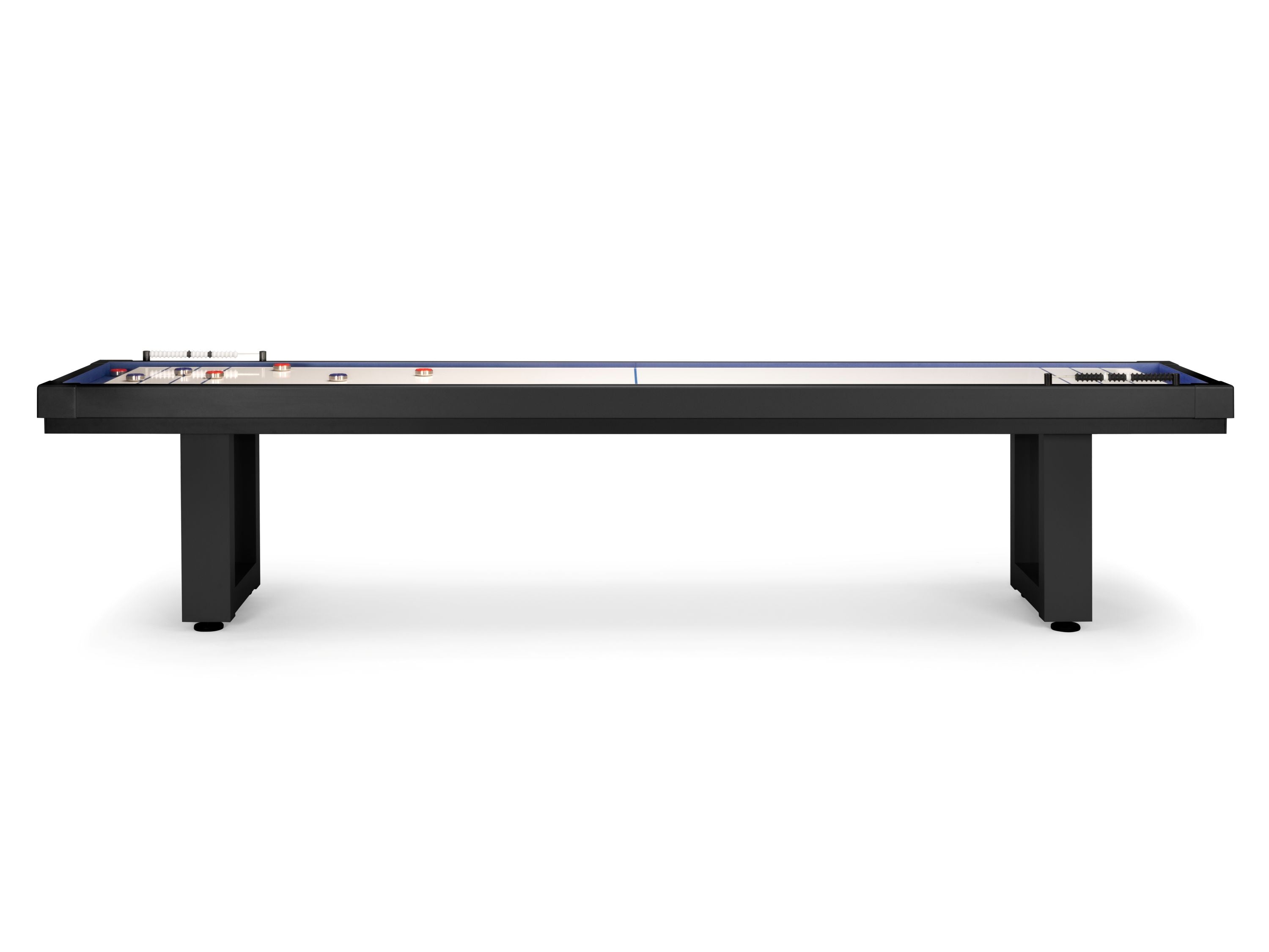 American Heritage Lanai 9' Outdoor Shuffleboard Table in Obsidian Black with pucks shown.