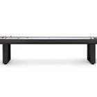 American Heritage Lanai 9' Outdoor Shuffleboard Table in Obsidian Black with pucks shown.