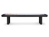 American Heritage Lanai 9' Outdoor Shuffleboard Table in Obsidian Black with pucks shown.