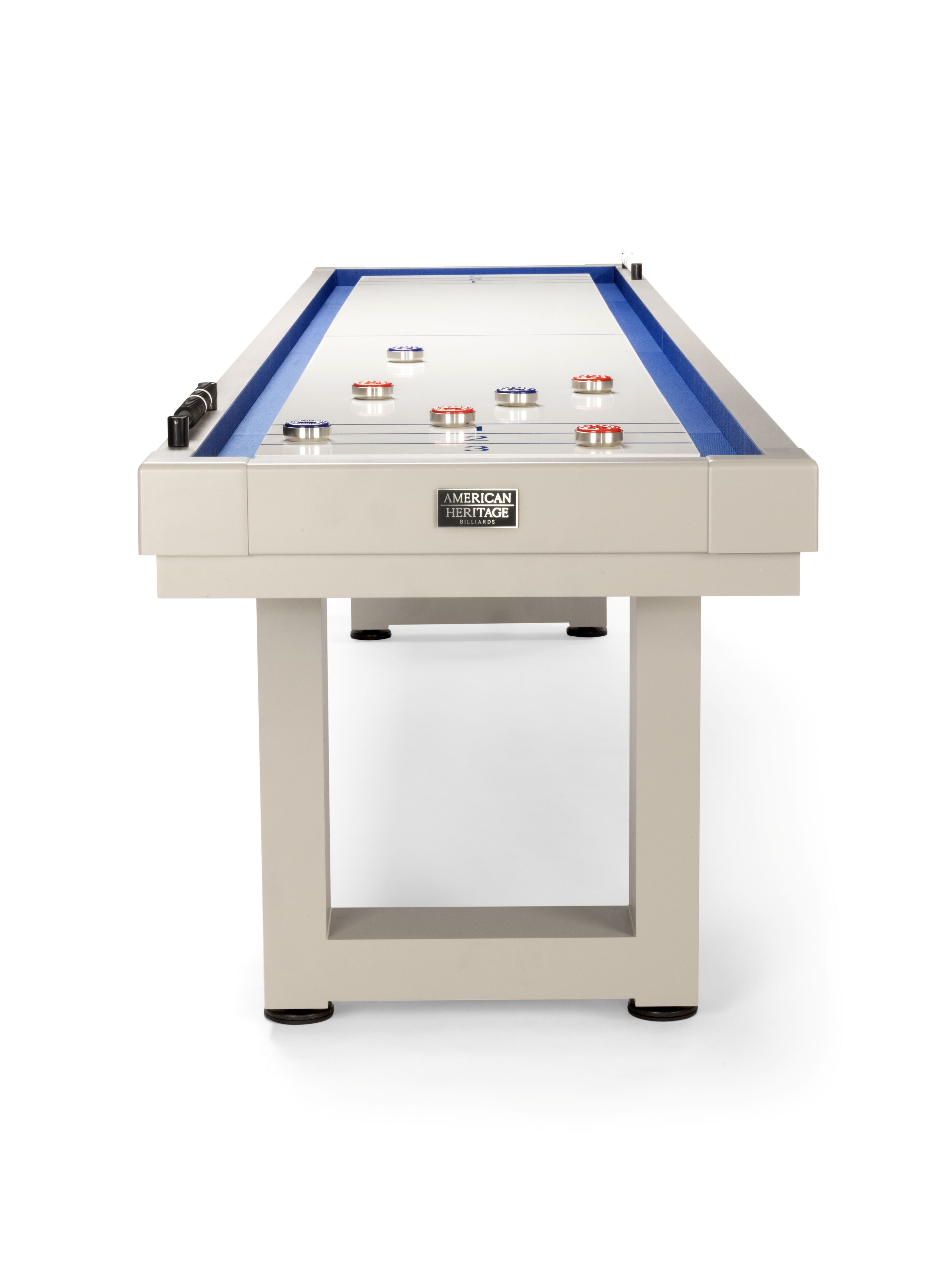 American Heritage Lanai 9' Outdoor Shuffleboard Table in Oyster Grey, all-weather aluminum top.
