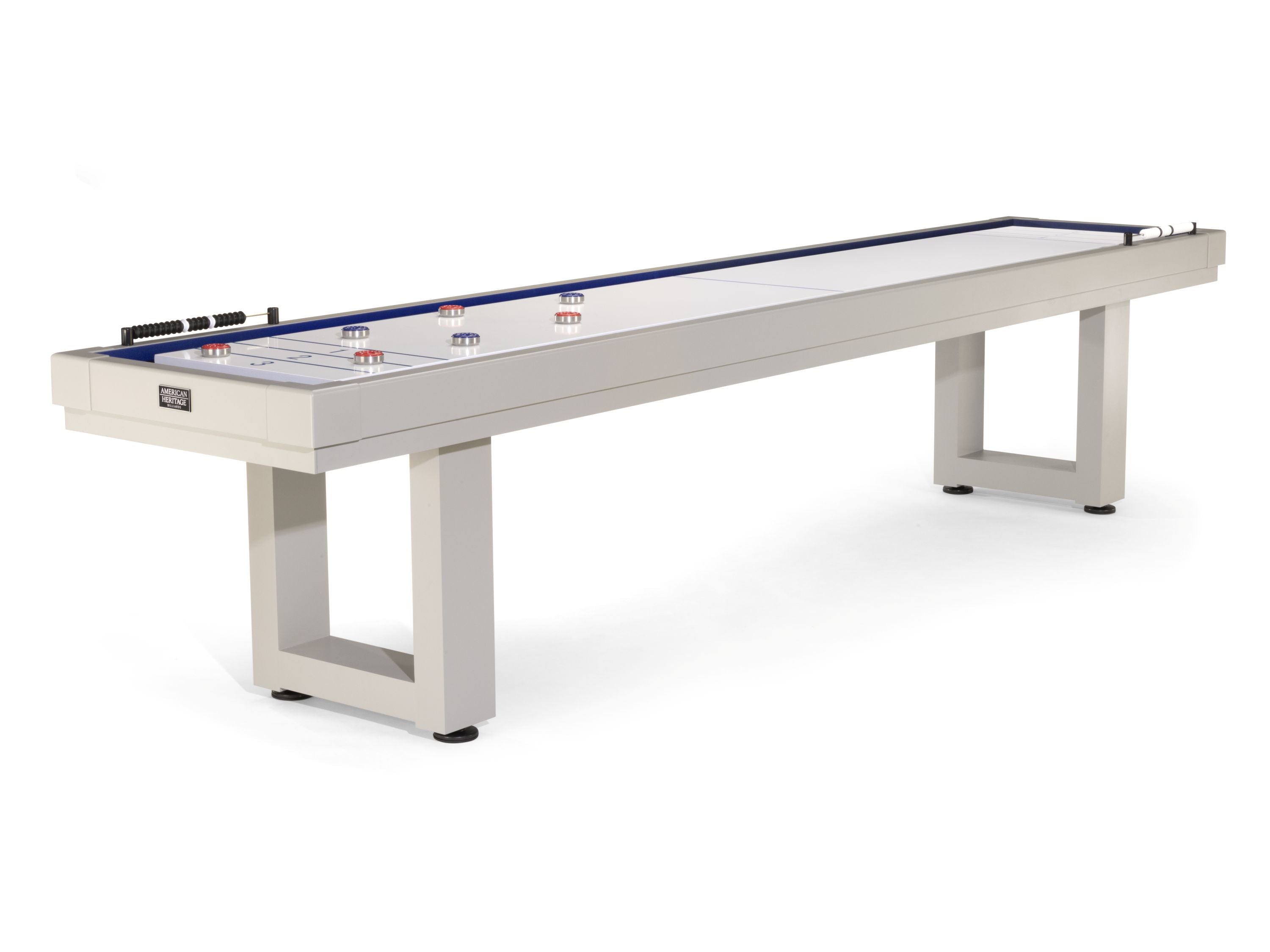 American Heritage Lanai 9' Outdoor Shuffleboard Table in Oyster Grey with aluminum legs.