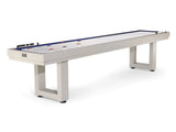 American Heritage Lanai 9' Outdoor Shuffleboard Table in Oyster Grey with aluminum legs.