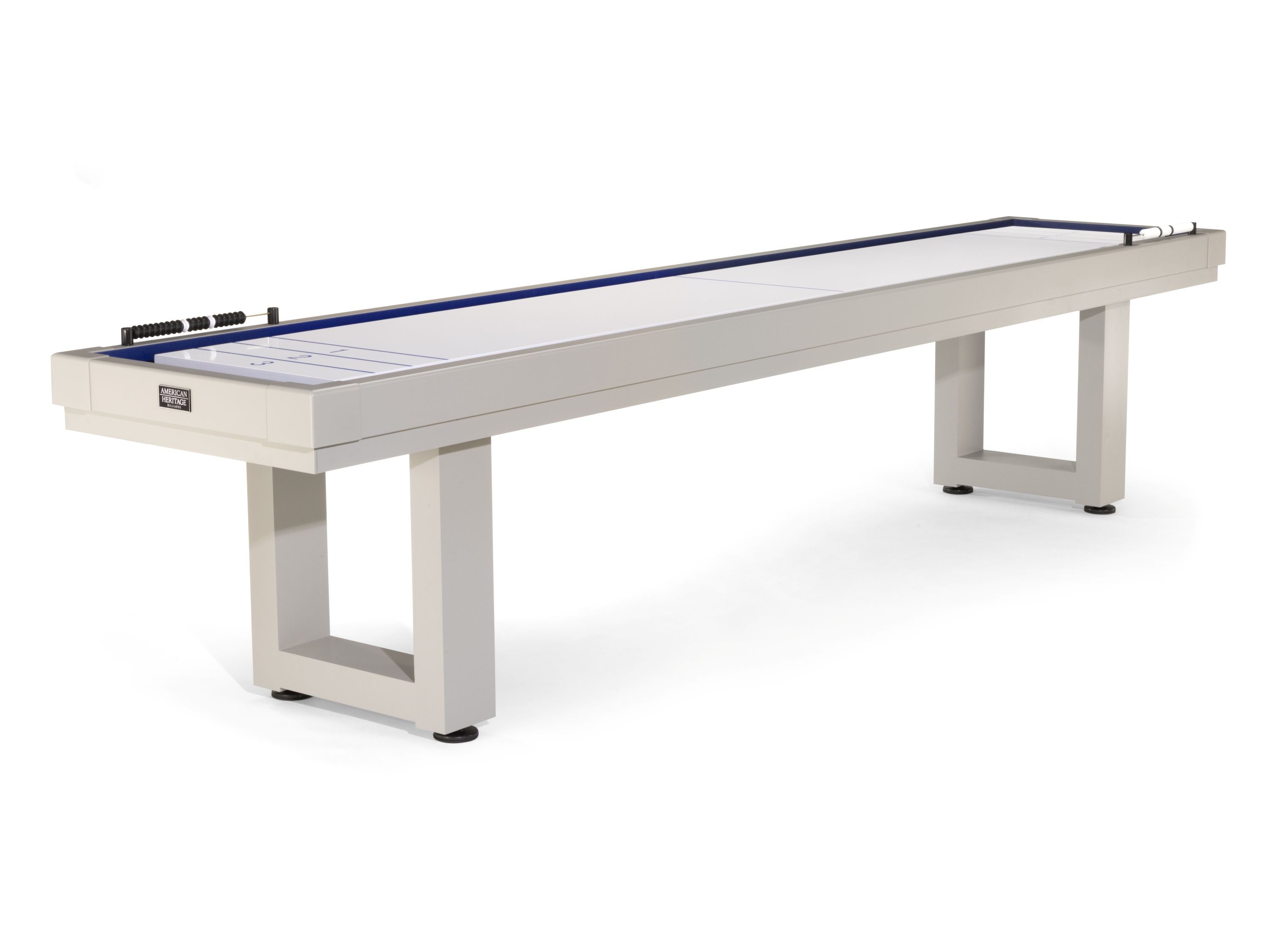 American Heritage Lanai 9' Outdoor Shuffleboard Table in Oyster Grey, ideal for outdoor spaces.