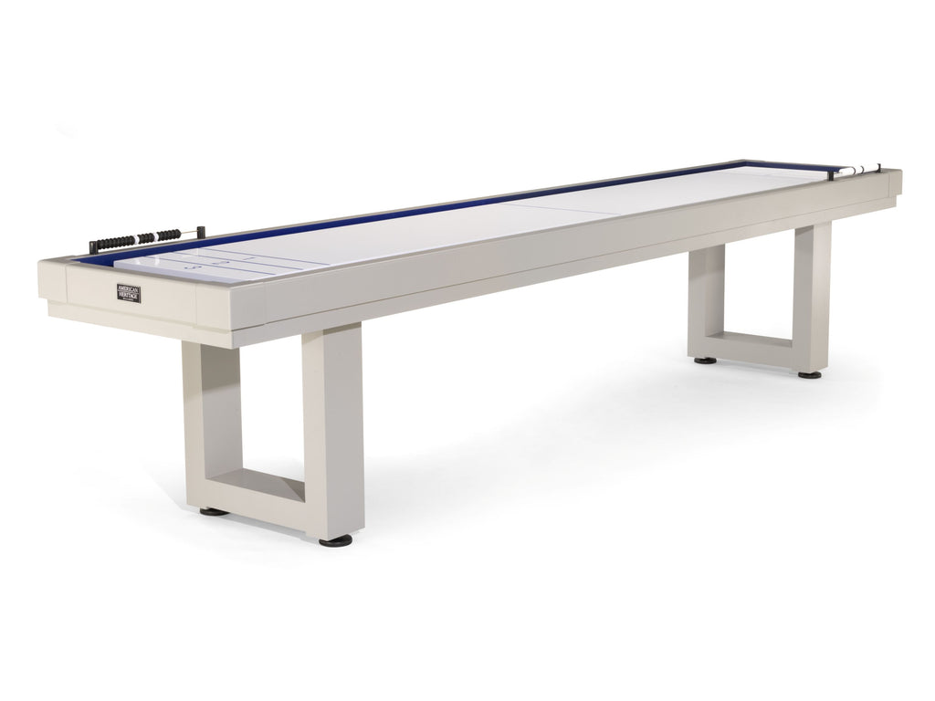 American Heritage Lanai 9' Outdoor Shuffleboard Table in Oyster Grey, ideal for outdoor spaces.