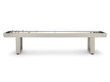 American Heritage Lanai 9' Outdoor Shuffleboard Table in Oyster Grey, side view.
