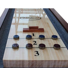 Playcraft Charles River 14' Pro-Style Shuffleboard Table in Chestnut with pucks on surface.