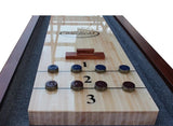 Playcraft Charles River 14' Pro-Style Shuffleboard Table in Chestnut with pucks on surface.