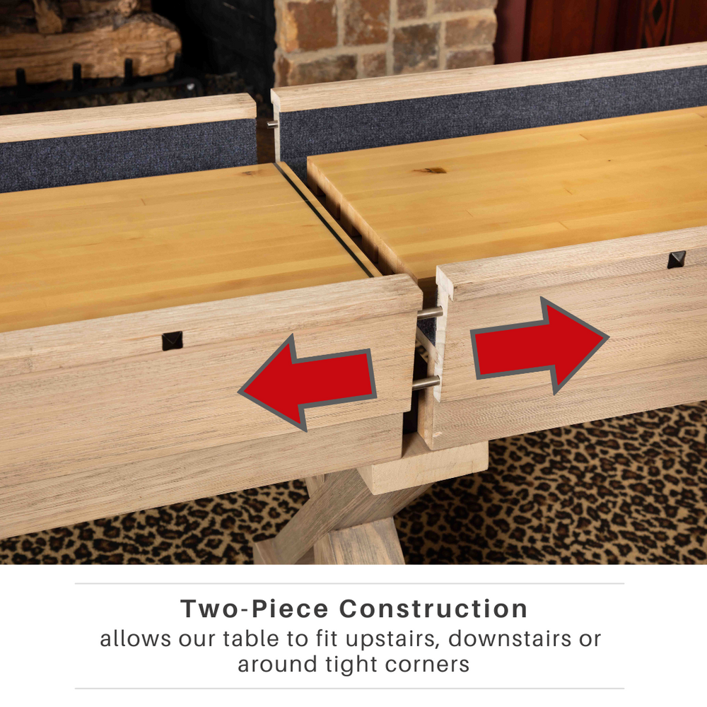 Wooden table with two-piece construction showing red arrows and text explaining flexibility.