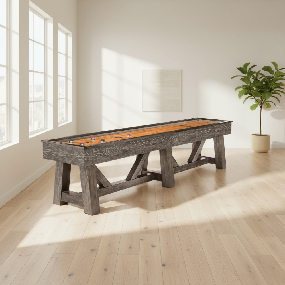 Brunswick Billiards Botanic 12' Shuffleboard Table in Dark Charcoal, includes pucks.