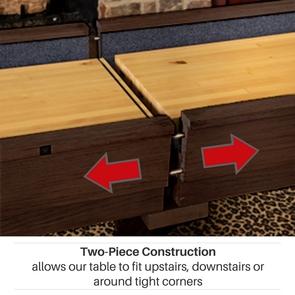 Wooden table with two-piece construction showing how it fits with red arrows indicating the fit.