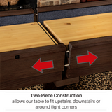 Wooden table with two-piece construction showing how it fits with red arrows indicating the fit.