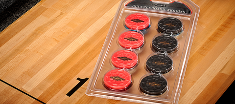 Brunswick Billiards Shuffleboard Weights Red and Black Caps - 1 Set of Pucks - 4 Black and 4 Red